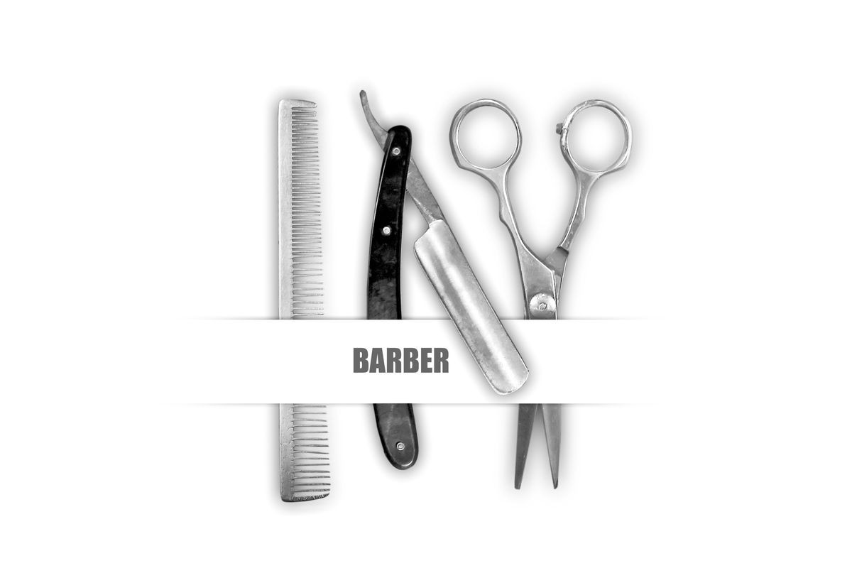 Hairdressing comb, scissors and razor on a white background. Inscription Barber. Professions. The concept of Barber Shop. Beauty and fashion.